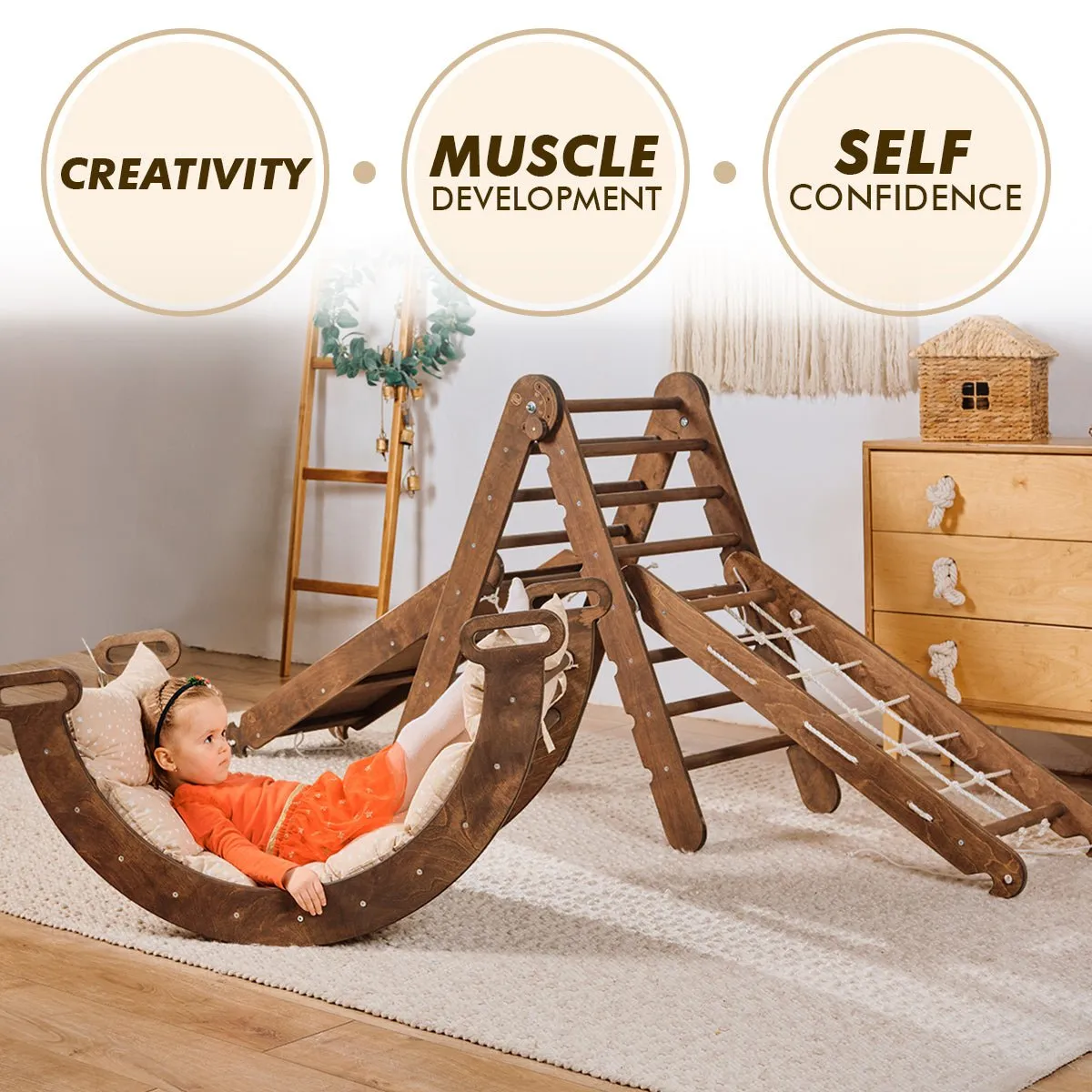 5in1 Montessori Climbing Set: Triangle Ladder   Arch/rocker   Slide Board/ramp   Net   Cushion – Chocolate