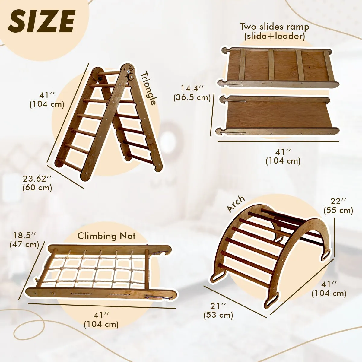 5in1 Montessori Climbing Set: Triangle Ladder   Arch/rocker   Slide Board/ramp   Net   Cushion – Chocolate