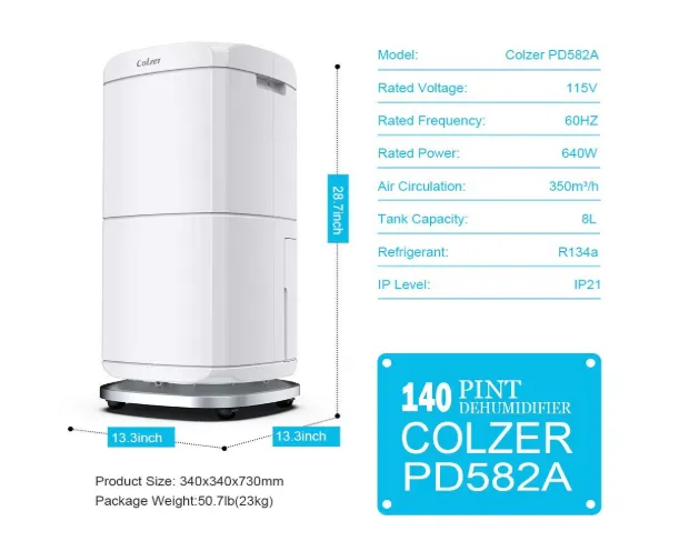 Colzer Colzer-004 Large Capacity 140 Pints Compact Portable Dehumidifier with Continuous Drain Outlet New