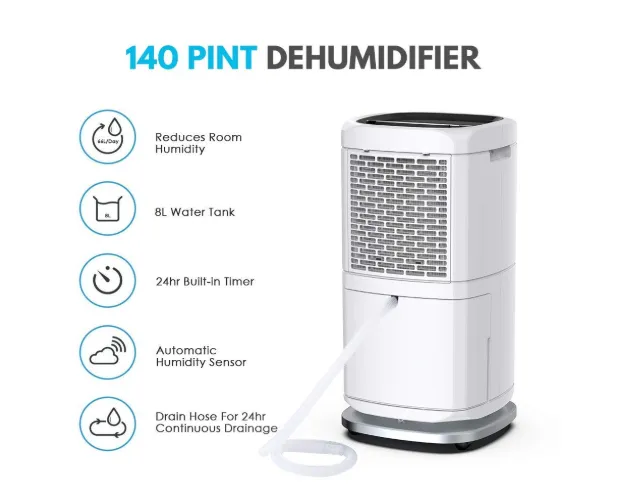 Colzer Colzer-004 Large Capacity 140 Pints Compact Portable Dehumidifier with Continuous Drain Outlet New