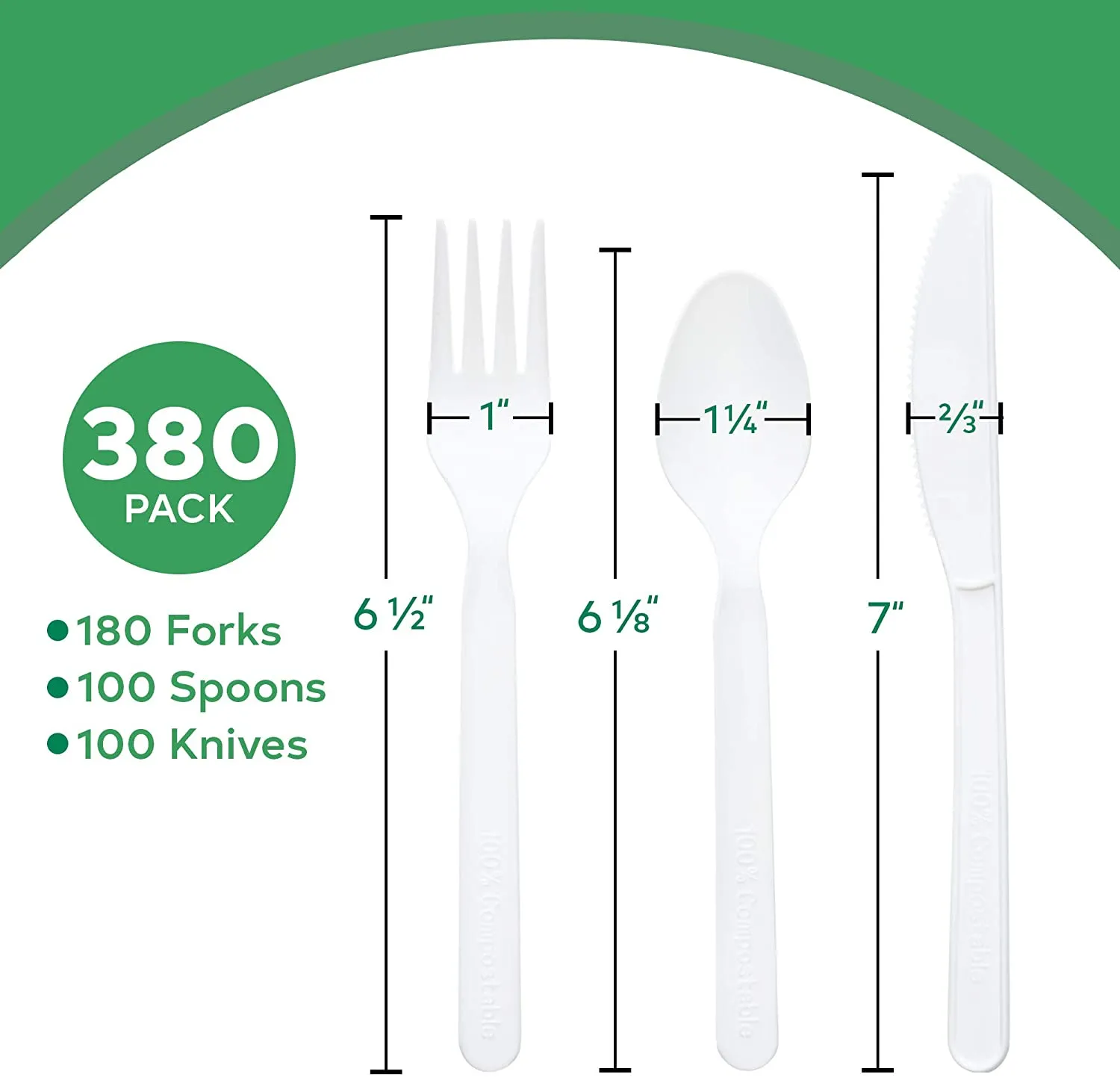 Compostable Cutlery Set - 380 Value Pack, 180 Forks, 100 Spoons, 100 Knives - Eco Friendly Utensils -BPI Certified Plant-Based Disposable