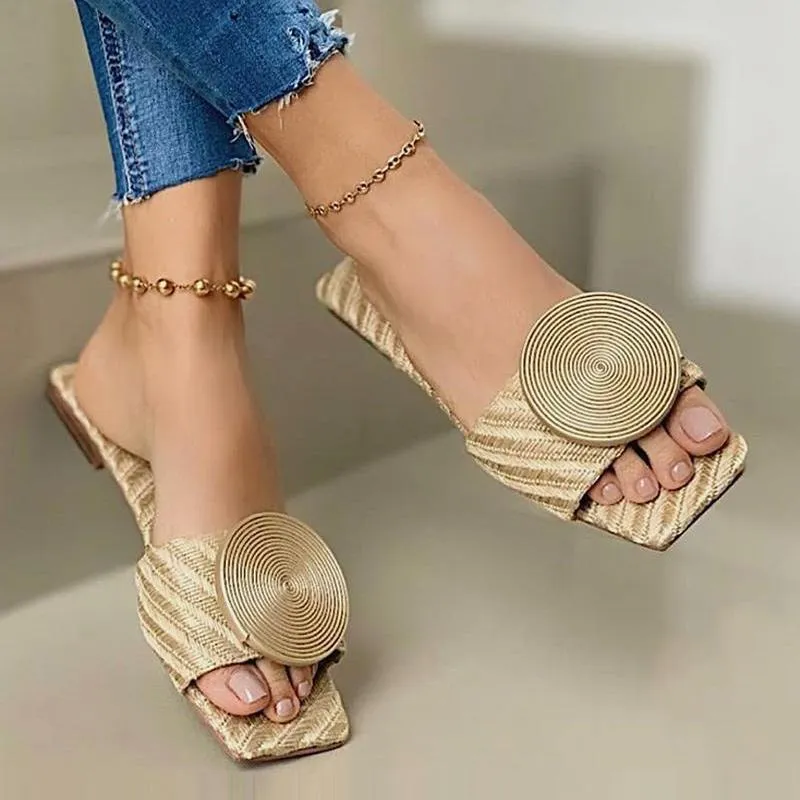 Solid Round Buckle Decoration Flat Sandals